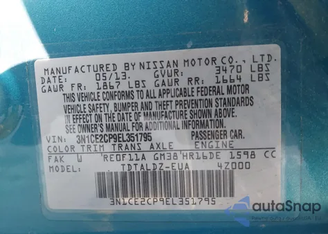 2014 Nissan Versa Note Sv z USA, uszkodzony, nr VIN 3N1CE2CP9EL351795